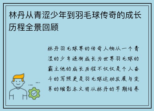 林丹从青涩少年到羽毛球传奇的成长历程全景回顾